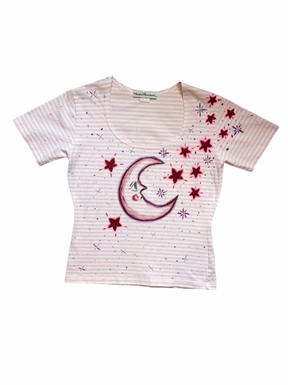Hand painted Moon and stars vintage pink stripes baby tee